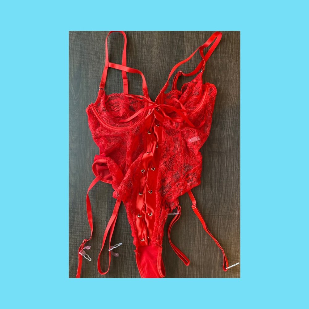 Sexy red lace, lace-up, bodysuit